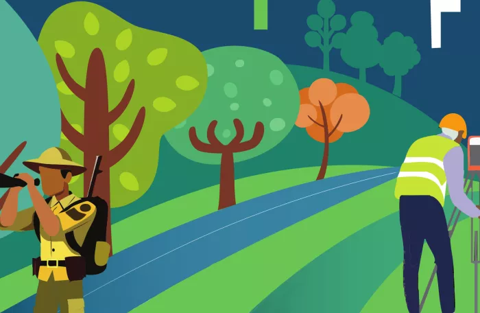 graphic of surveyors outside with city skyline in the background